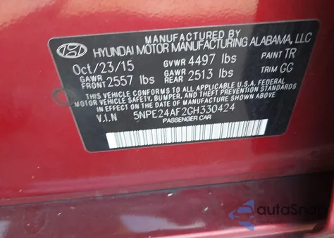 2016 Hyundai Sonata Se from USA, damaged, VIN 5NPE24AF2GH330424